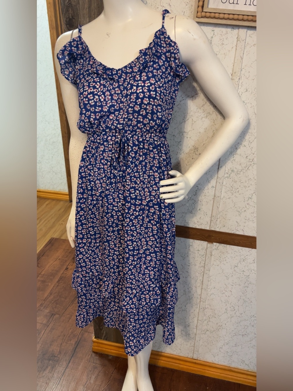 Sienna Sky Floral Ruffle Tiered Midi Dress Navy Blue Pink XS